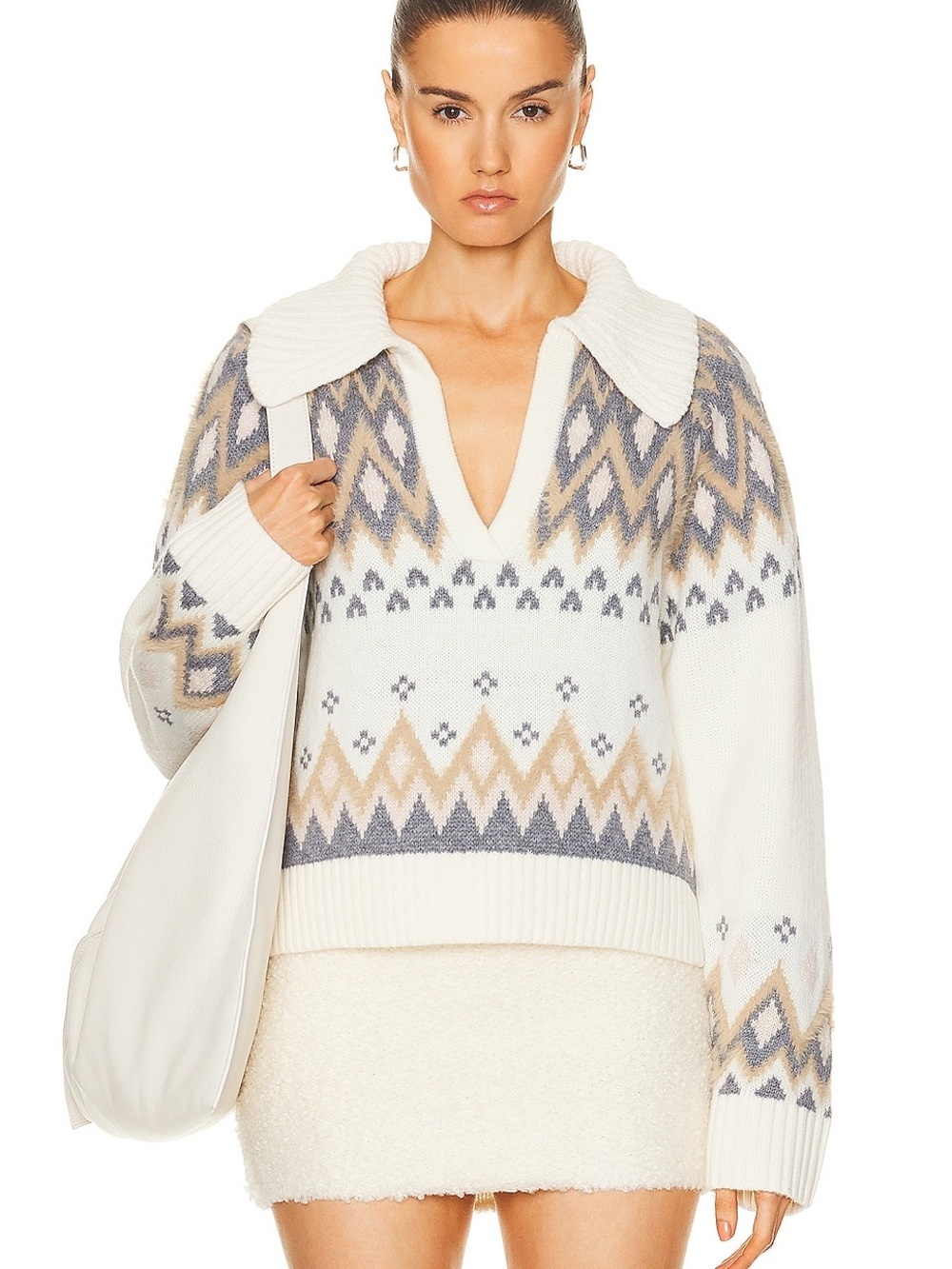 Jonathan Simkhai Ivory V‑Neck Fair Isle Sweater with Beige & Gray Accents